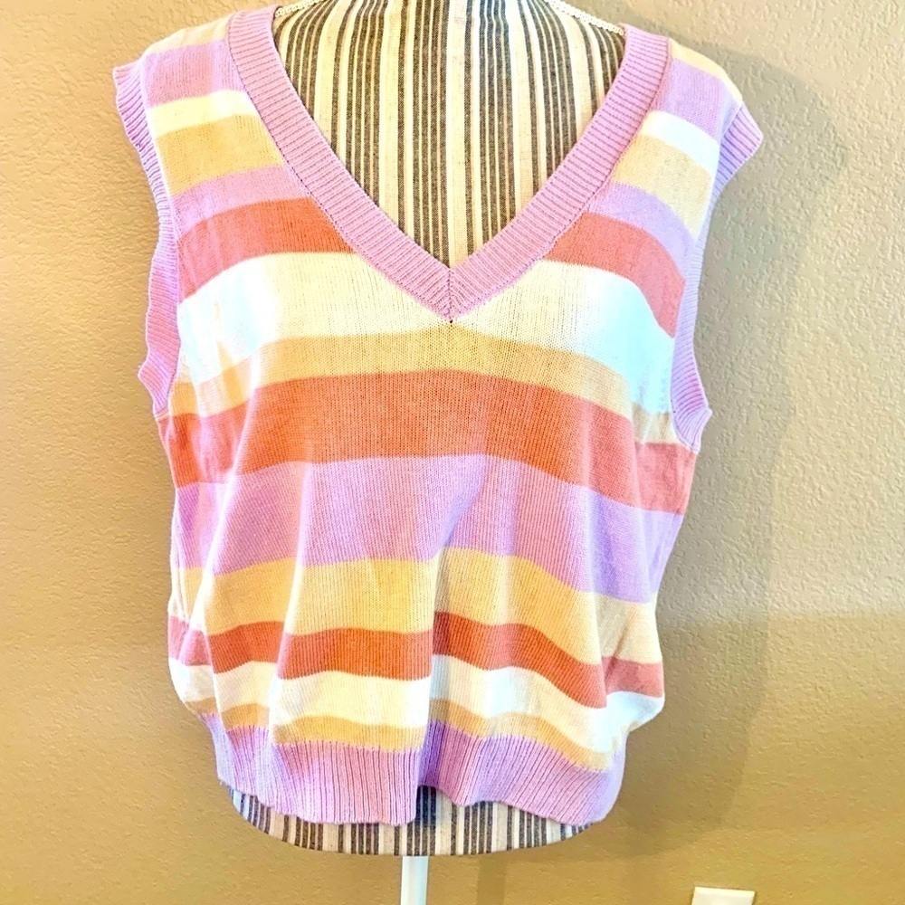 NWT Sweater Vest Sz 2X Abound 100% Cotton Striped Knit Lilac Purple White V-Neck